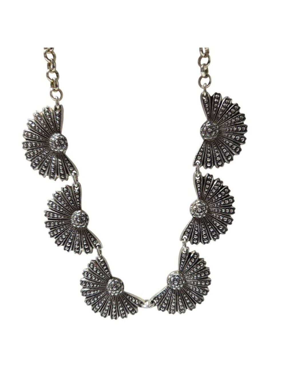 Vintage Fan Shaped Link Necklace Rhinestones Gatsby 1920s Fashion Jewelry Women